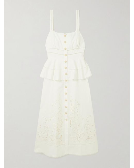 Self-Portrait White Midikleid Aus Einer Leinen-Baumwollmischung Mit Lochstickerei Und Verzierungen