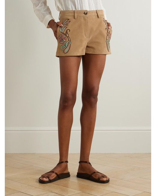 Etro Natural Appliquéd Suede Shorts