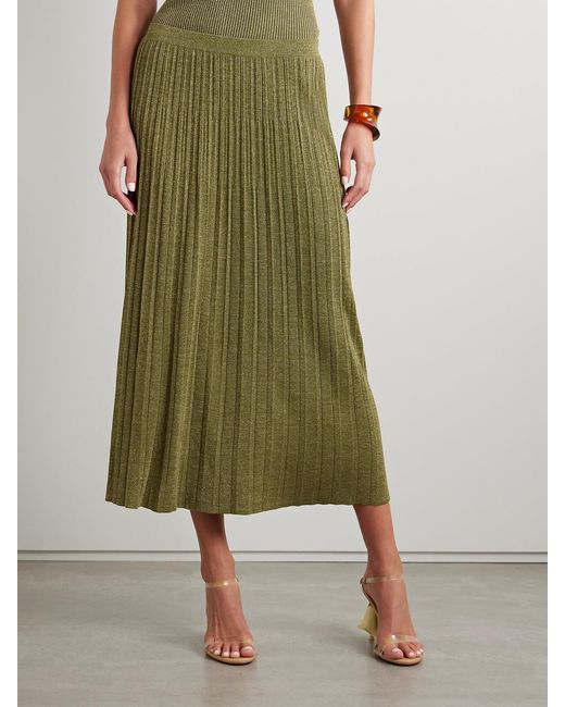 Zimmermann Green Wylie Metallic Ribbed-Knit Midi Skirt