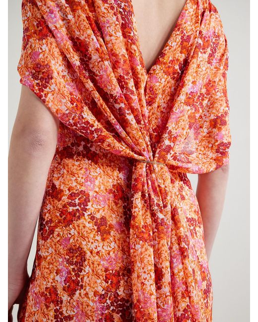 Saloni Red Claudia Cape-Effect Floral-Print Silk-Georgette Gown