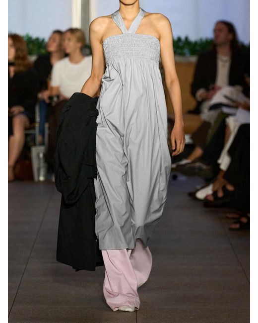 Maria McManus White Smocked Pinstriped Poplin Halterneck Midi Dress
