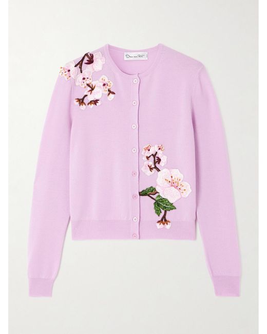 Oscar de la Renta Pink Appliquéd Wool Cardigan