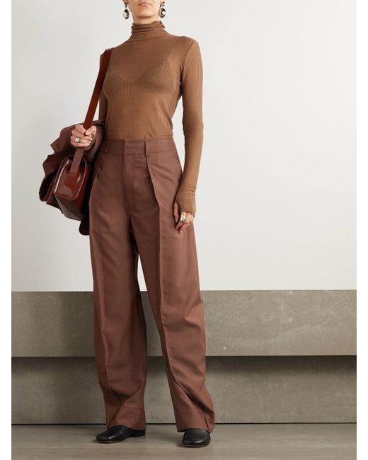 Lemaire Brown Seamless Ribbed-Knit Turtleneck Top