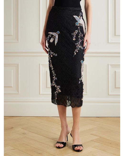 Costarellos Black Vivi Embellished Corded Lace Midi Skirt