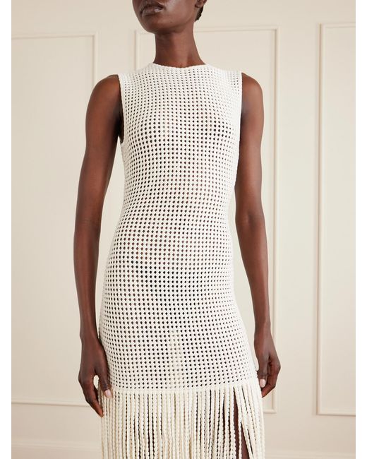 Alaïa White Fringed Open-Knit Midi Dress