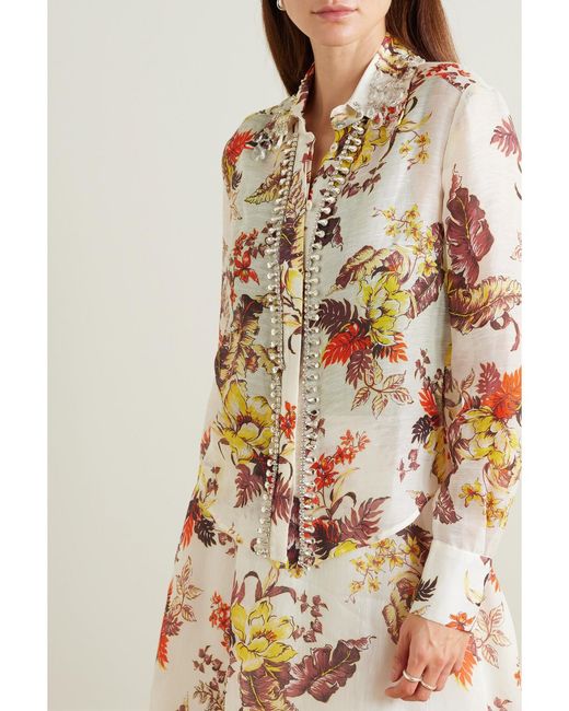 Zimmermann White Matchmaker Crystal-Embellished Floral-Print Linen And Silk-Blend Shirt