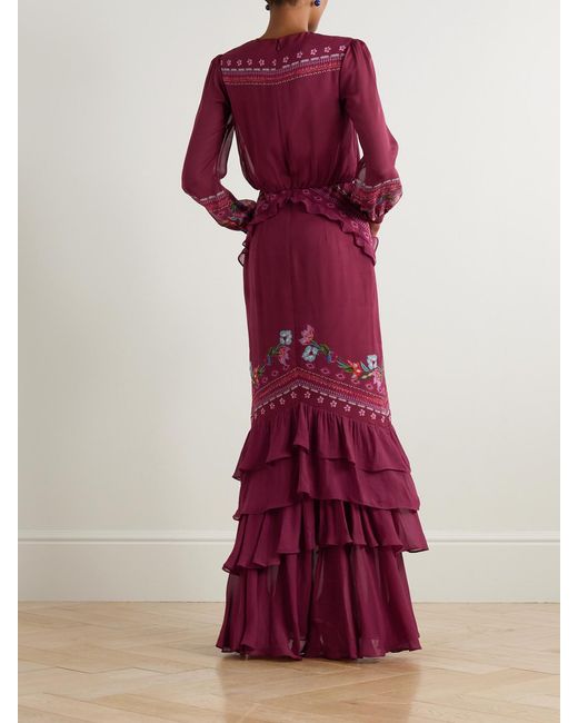 Saloni Purple Isa Long-C Ruffled Floral-Print Silk Crepe De Chine Gown