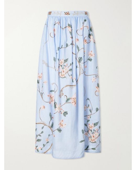 Agua Bendita Blue Tangelo Embroidered Floral-Print Linen Maxi Skirt