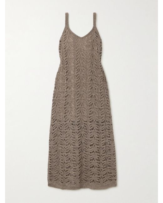 Brunello Cucinelli Brown Sequin-Embellished Open-Knit Linen-Blend Midi Dress