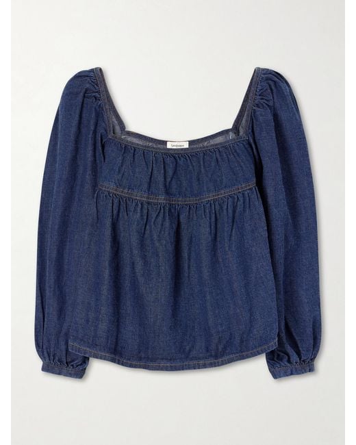 Saint Laurent Blue Gathered Denim Blouse