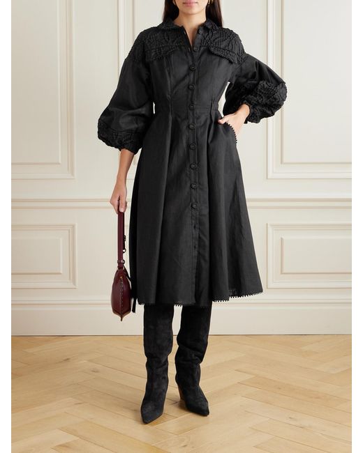 Charo Ruiz Black Dubya Cloqué-Trimmed Ramie-Blend Midi Shirt Dress