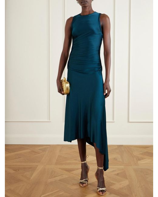 Victoria Beckham Blue Asymmetric Gathered Satin-Jersey Midi Dress