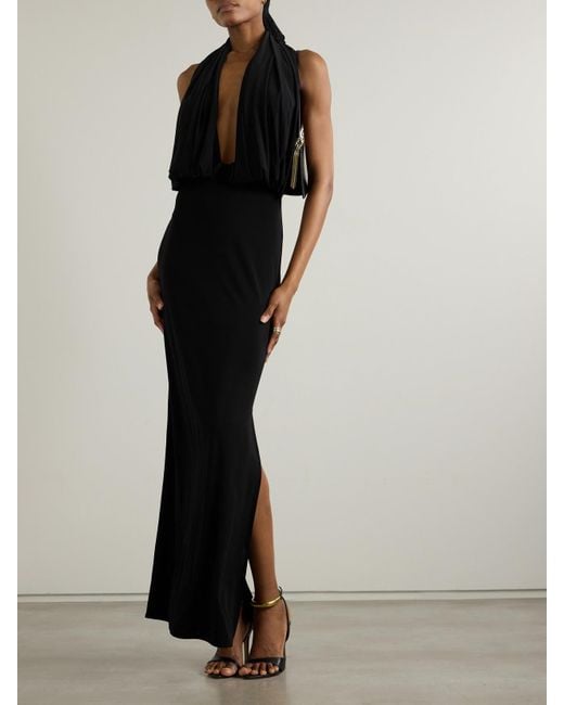 Magda Butrym Black Draped Stretch-Satin Halterneck Gown