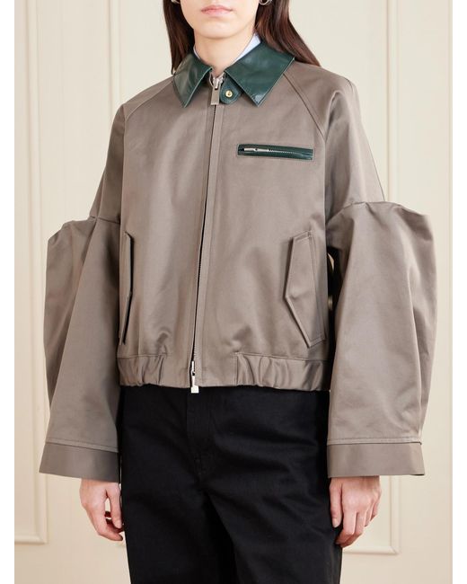 Sacai Gray Pleated Leather-Trimmed Cotton-Twill Jacket