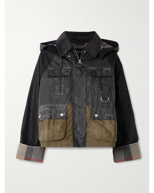 Barbour Black Liza Hooded Paneled Waxed-Cotton Jacket