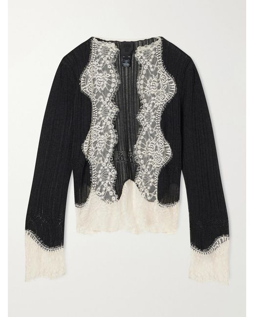Anna Sui Black Lace-Trimmed Jersey Cardigan