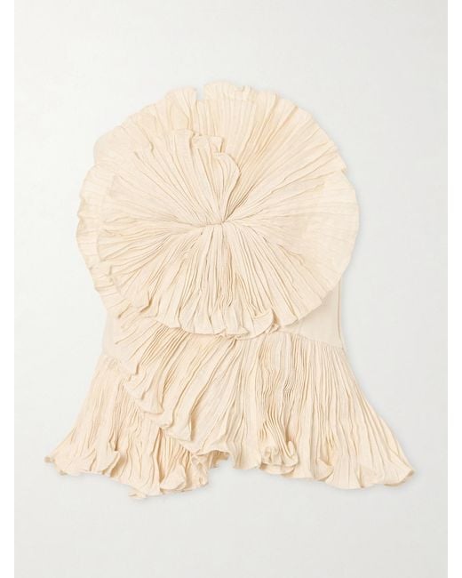ANDRES OTALORA Natural Imara Strapless Appliquéd Pleated Linen Top
