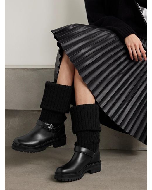 Gianvito Rossi Black Thurso Stiefel Aus Leder Und Rippstrick Mit Schnalle