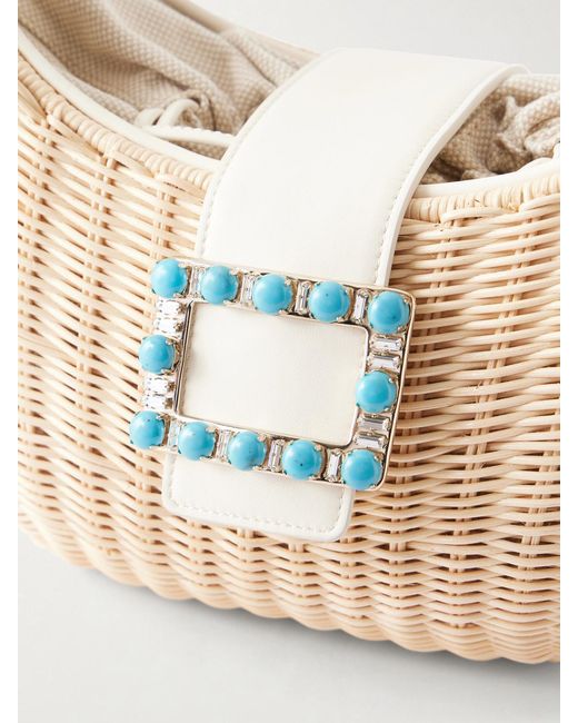 Roger Vivier Natural Embellished Leather-Trimmed Raffia Shoulder Bag