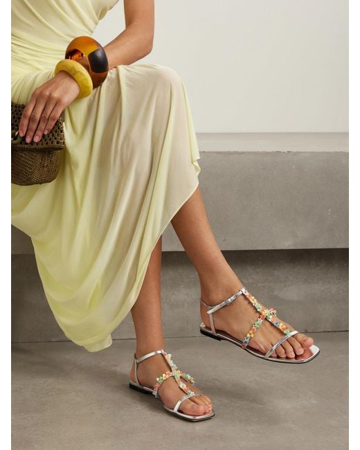 Jimmy Choo White Gwyn Bead-Embellished Metallic Leather Sandals