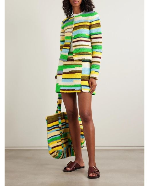 The Elder Statesman Green Striped Crocheted Organic Cotton Cardigan