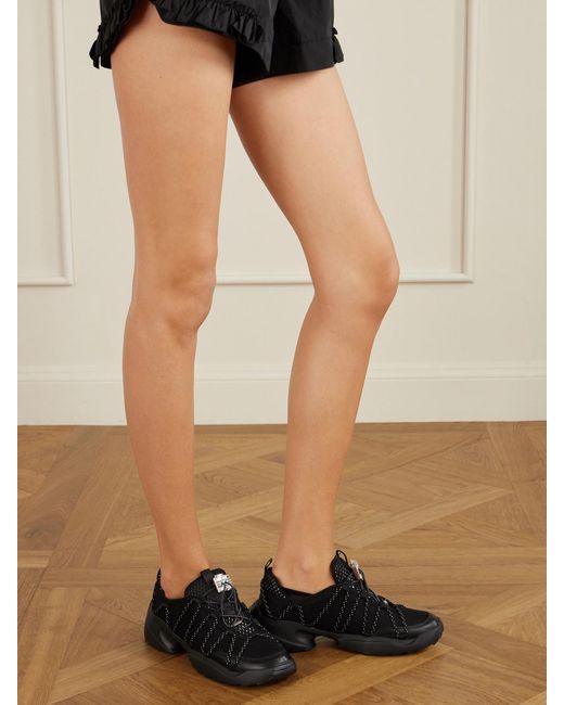 Roger Vivier Black Viv On The Run Embellished Leather-Trimmed Mesh Sneakers