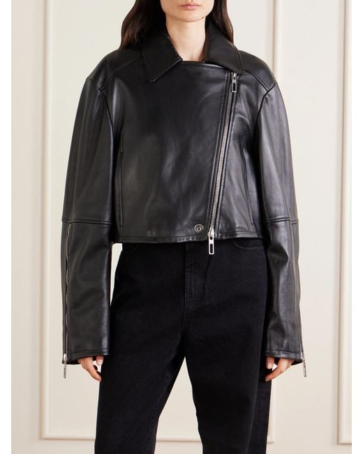 Sportmax Black Cropped Fringed Nappa Leather Biker Jacket