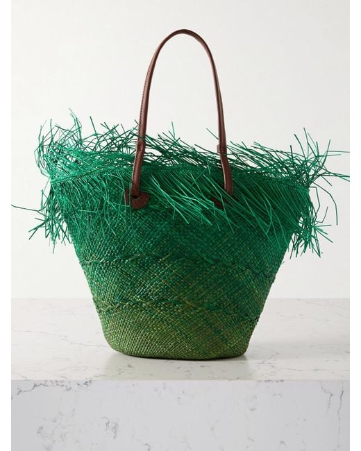 Sensi Studio Green Leather-Trimmed Frayed Ombré Straw Tote