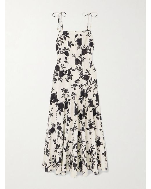 Self-Portrait White Floral-Print Linen And Cotton-Blend Midi Dress