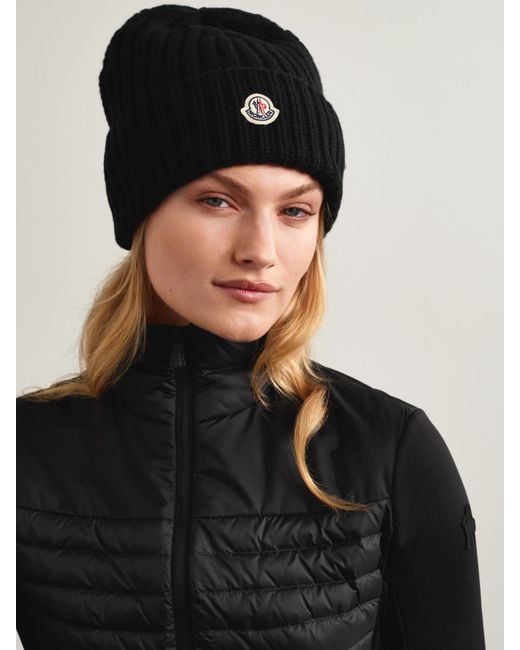 Moncler Black Beanie Aus Einer Gerippten Woll-Kaschmirmischung Mit Applikation
