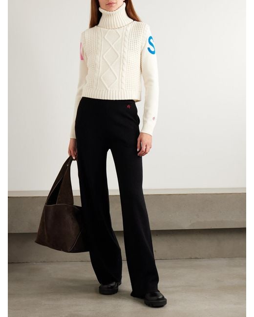 Perfect Moment Natural Crystal Cropped Cable-Knit Merino Wool Turtleneck Tank