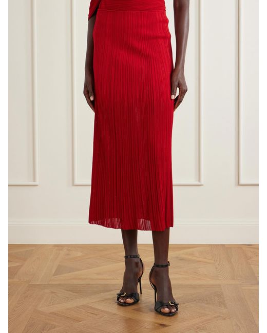Balmain Red Plissé-Crepe Midi Skirt