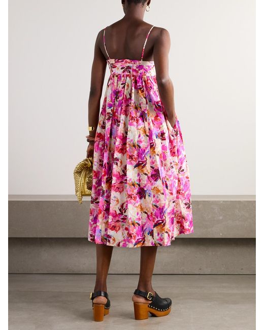 Ulla Johnson Pink Lucille Pleated Floral-Print Cotton-Poplin Midi Dress