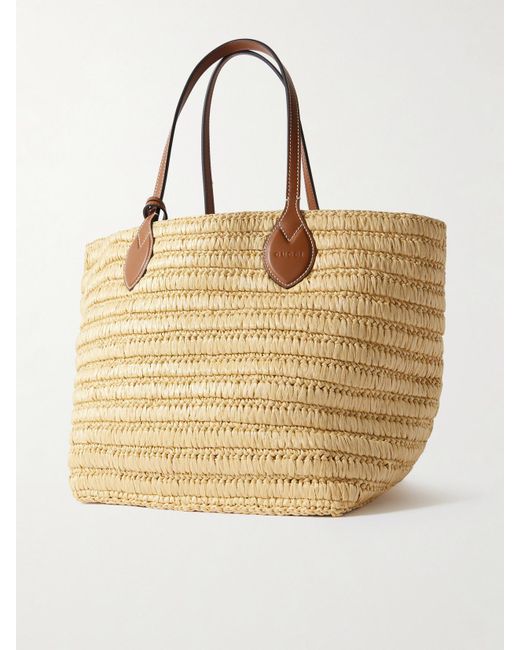 Gucci Natural Leather-Trimmed Raffia Tote