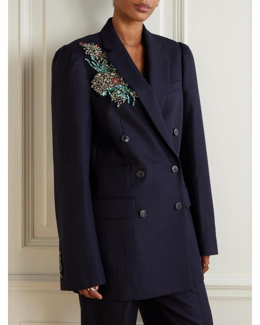 Dries Van Noten Blue Oversized Double-Breasted Embellished Wool Herringbone Blazer