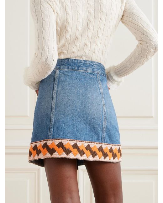 Valentino Garavani Blue Jacquard-Trimmed Paneled Denim Mini Skirt