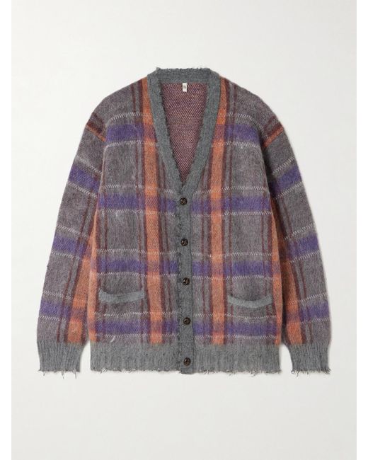 R13 Gray Checked Frayed Brushed-Knit Cardigan