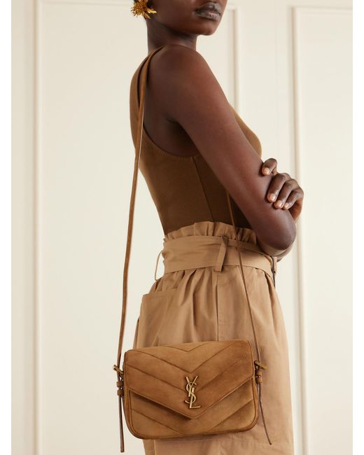 Saint Laurent Brown Loulou Cassandre Embellished Suede Shoulder Bag