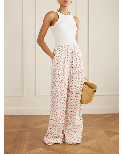 Dolce & Gabbana White Floral-Print Cotton-Blend Poplin High-Rise Wide-Leg Pants