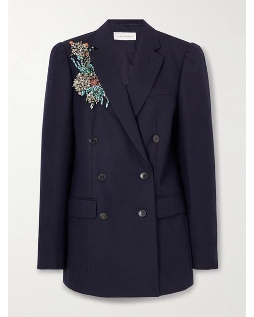 Dries Van Noten Blue Oversized Double-Breasted Embellished Wool Herringbone Blazer