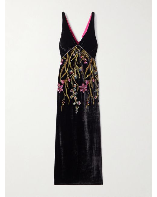 Loretta Caponi Black Zaffiro Embroidered Crystal-Embellished Velvet Midi Dress
