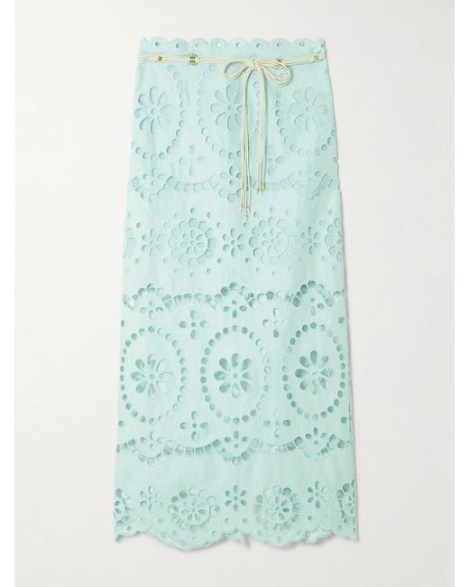 Zimmermann Blue Awaken Belted Broderie Anglaise Linen Midi Skirt