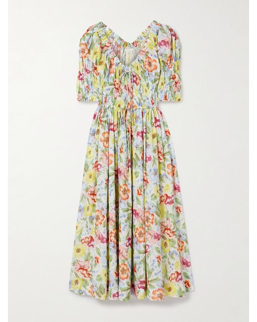 Doen White Ischia Shirred Floral-Print Cotton-Voile Midi Dress