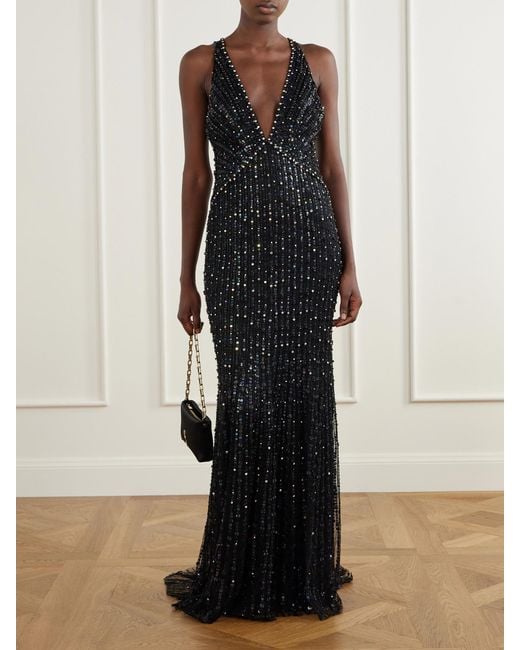 Jenny Packham Black Atlas Embellished Cut-Out Satin Gown