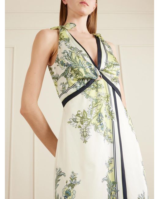 Veronica Beard White Kaliza Twisted Floral-Print Twill Midi Dress