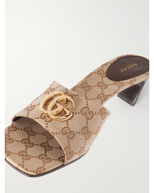 Gucci Natural Double G-Embellished Gg Supreme-Jacquard Canvas Mules