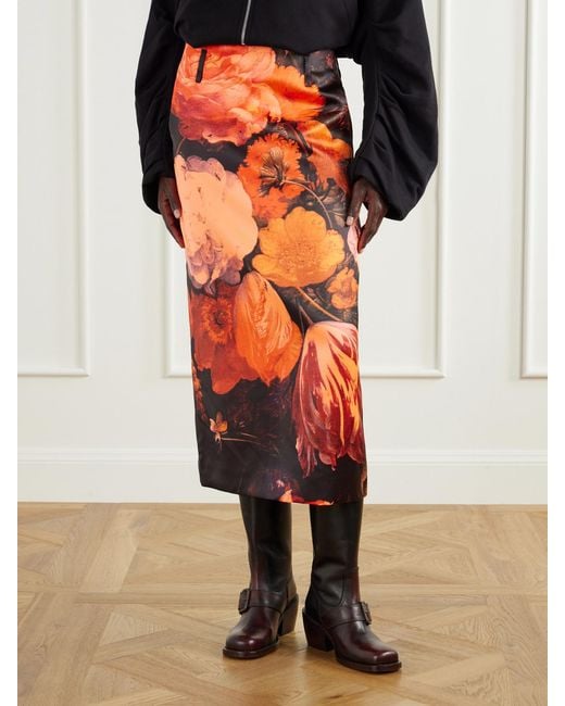 Dries Van Noten Orange Floral-Print Satin-Duchesse Midi Skirt