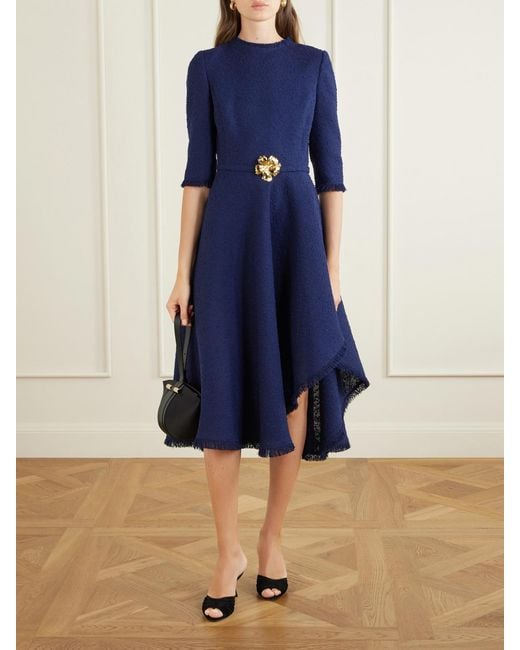 Oscar de la Renta Blue Embellished Tweed Midi Dress