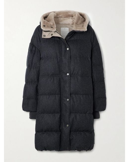 Brunello Cucinelli Black Hooded Faux Fur-Trimmed Quilted Wool Down Coat