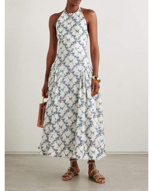 Agua Bendita White Balsa Faux Pearl-Embellished Printed Linen Halterneck Midi Dress